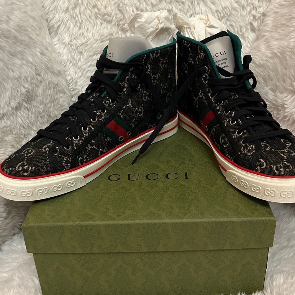 Gucci Dark Chocolate with Khaki stitching and Red High-Top Sneakers - Picture 2 of 4
